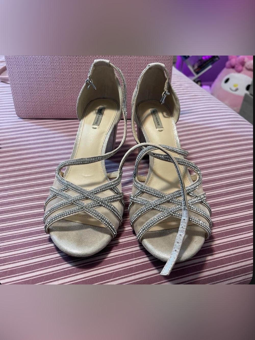 Alex Marie Hashleigh Rhinestone Strap Heels Taupe & Silver US 9.5